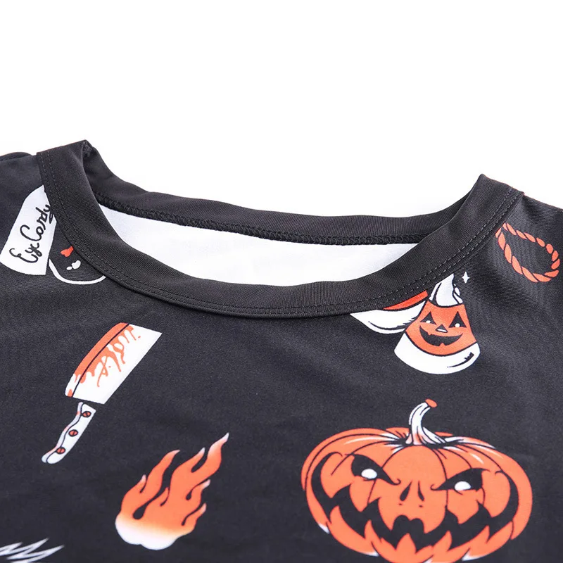 

Halloween Pattern Pumpkin Print High Waist Cropped Short T-shirts Tops Women Girls Summer Punk Gothic Round Neck T Shirts Tees