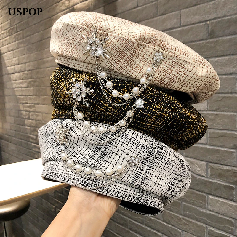 Женский берет в шотландскую клетку USPOP 2020 осенние шапки с жемчужной цепочкой |