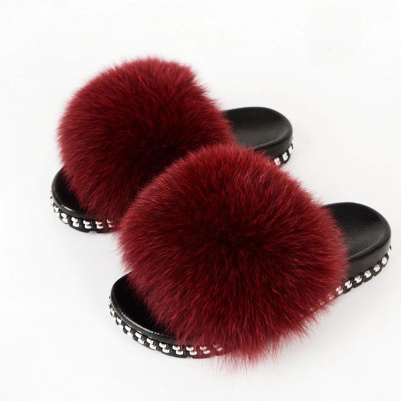 

Spring/Summer Womens Fur Slippers Real Raccoon Fox Fur Cute Plush Flat Sandals Fur Anti-Slip Home Shoes Skateboard Shoes TX42