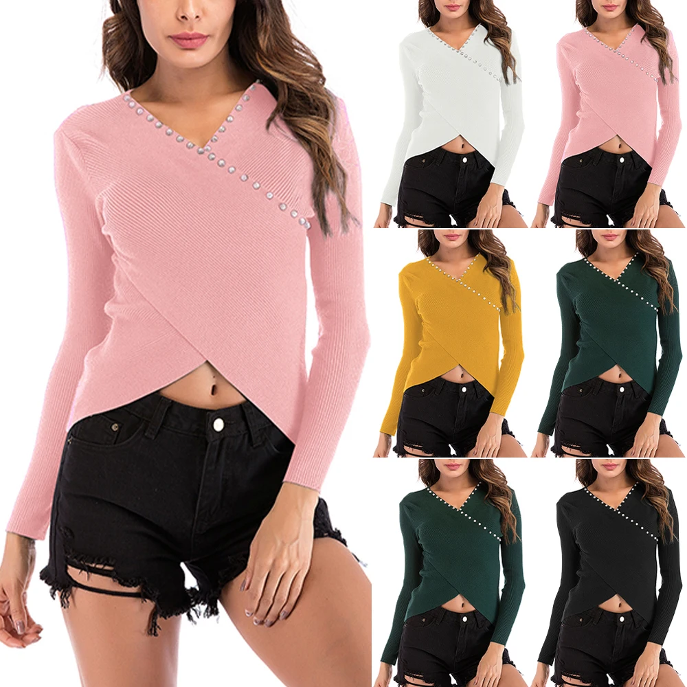 

V-neck Cross Irregular Beaded Knit Green Navel Sweater Harajuku Streetwear Womens Long Sleeve Short Tops Slim Fit Pullover