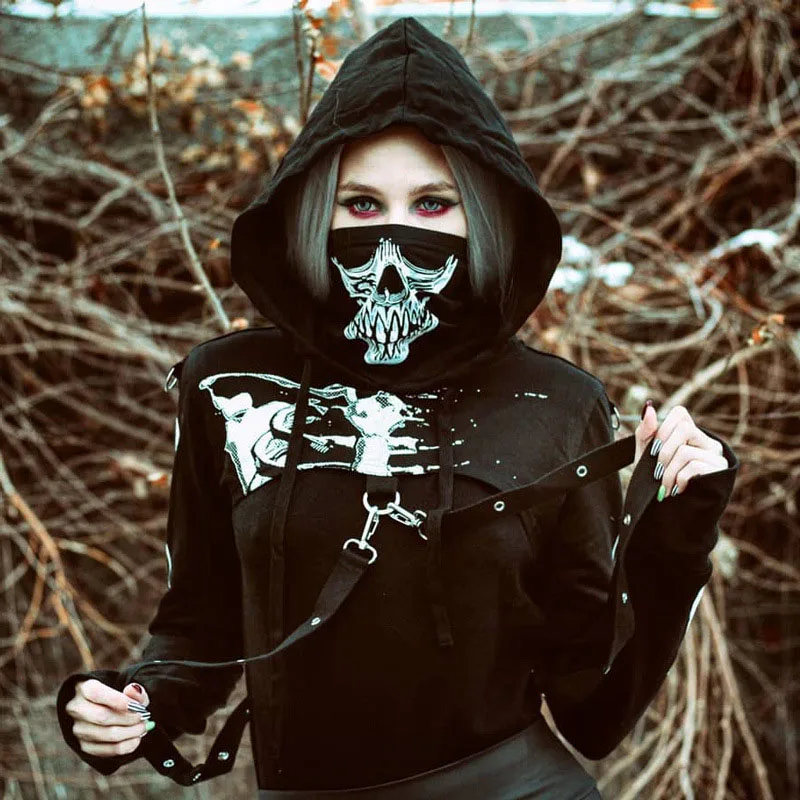 

2021 Adults Skeleton Print Long Sleeve Sweater Drawstring Halloween Costumes Women's Hooded Crop Tops Dark Streetwear Y2k