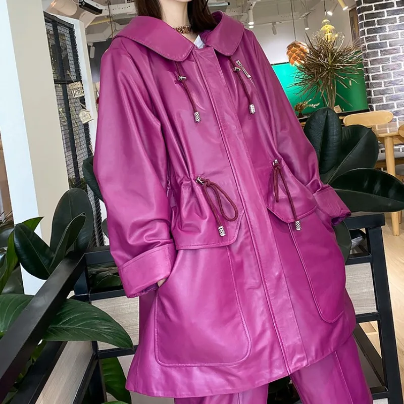 

Street Women Loose High Fit Hip Hop Hoody 100% Genuine Leather Mid Long Jacket Fashion Ladies Casual Windbreaker Trench Coats