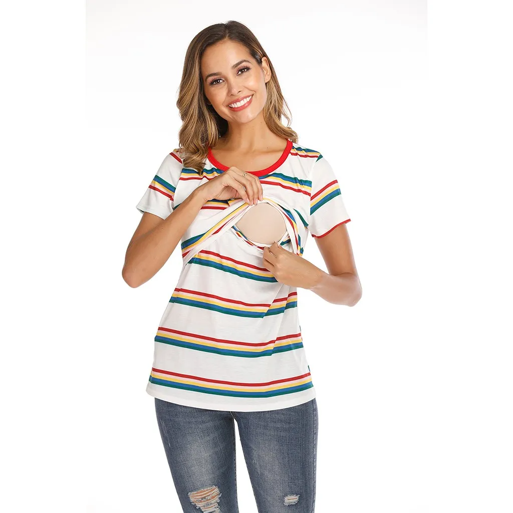Женские топы TELOTUNY для кормящих мам полосатая футболка с коротким рукавом блузка