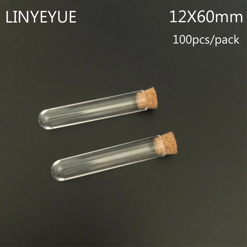 (100pieces/pack) 12*60mm Plastic test tube with Cork Cap Round Bottom Mini tea plastic tube Vial School Laboratory Supply