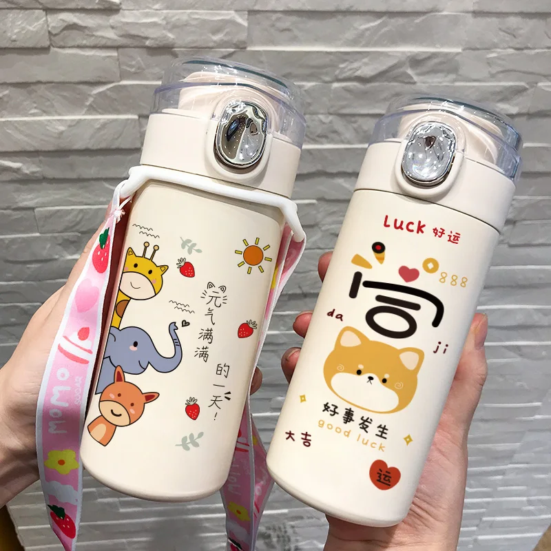 Women Cute Portable Thermos Cup Internet Celebrity Bounce Cover Good-looking Cartoon Drinking Anti-Fall Student Children | Дом и сад