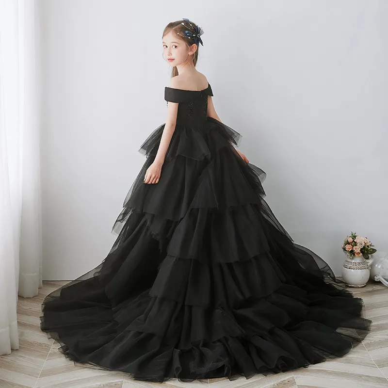 

Children Model Show Catwalk Evening Party High Quality Luxury Shoulderless Princess Long Tail Dress Children Host Dress Clothes