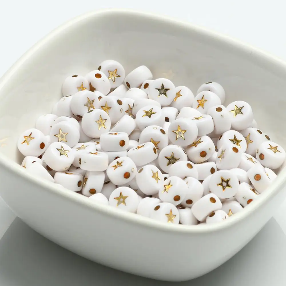 

100pcs Gold Star White Acrylic Plastic Beads Round Loose Spacer Beads For Jewelry Making Diy Handmade Bracelet Necklace 4x7mm