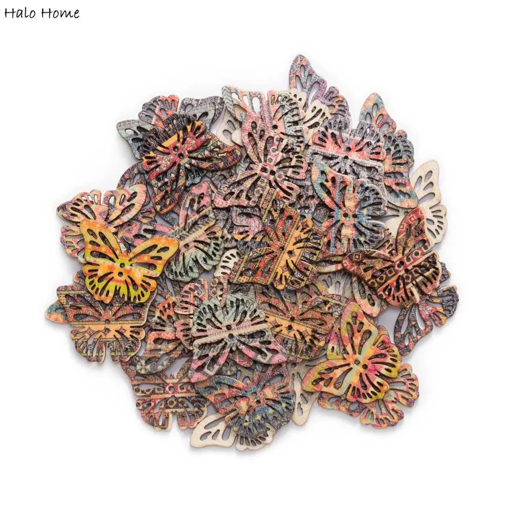 30pcs Retro Series Indian pattern Butterfly Wooden Buttons Scrapbook Cloth Sewing Crafts handmade Making DIY Home Decor