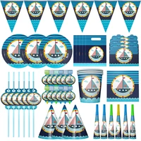 blue sailboat navigation theme birthday party decorations disposable tableware set plate cup straw baby shower kids lovely gifts