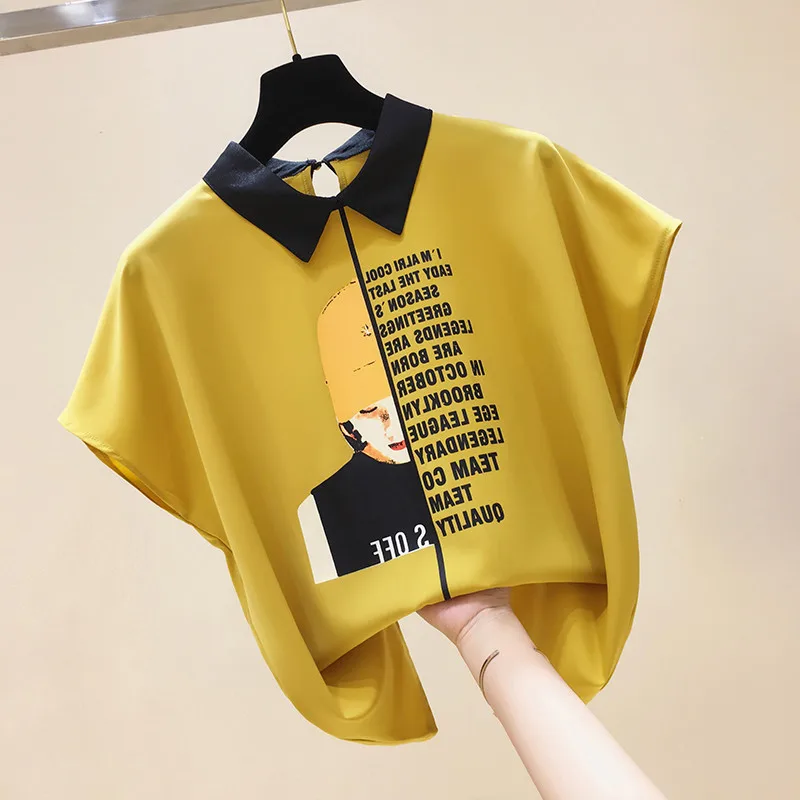 

2021 Summer New Slim Top Vintage White Black Chiffon Shirt Women Blouses Casual Short Sleeve White Tops Blusas Mujer