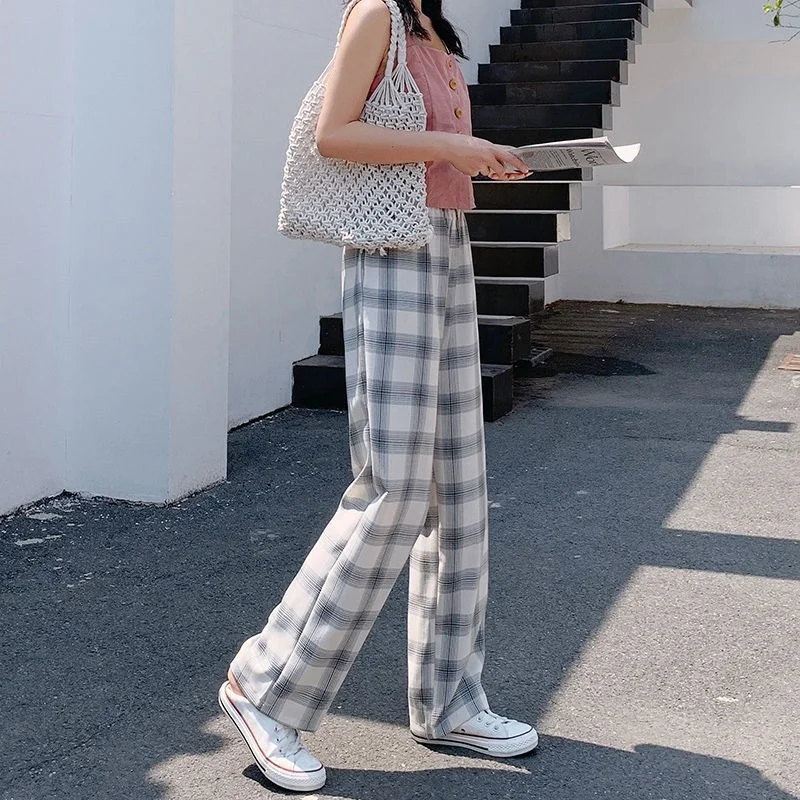 

Korean Style Plaid Pants Women Fashion 2021 Lattice Print Trousers Women Loose Casual High Waist Wide Leg Pant Women