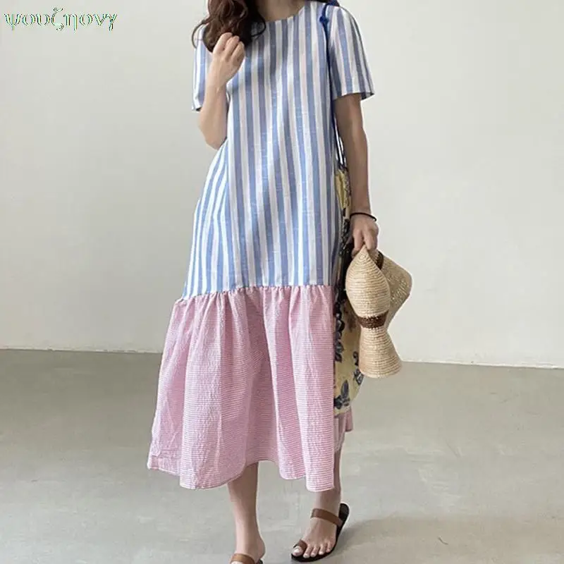 

Корейское шикарное платье с круглым вырезом, контрастные платья в полоску, пикантное платье средней длины с оборками для женщин