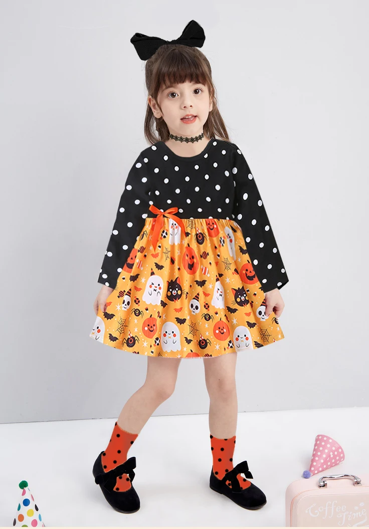 

Toddler Baby Kids Girls Halloween Dress Round Neck Long Sleeve Polka Dots Cartoon Printed Patchwork Dress