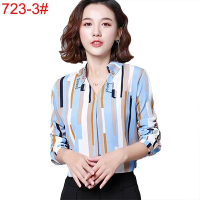 Женская шифоновая блузка, рубашка,, женская одежда, длинный рукав, Blusas, шифон, женские офисные блузки, с принтом, в полоску, в горошек, для девушек, OL, Топ - Цвет: 723-3