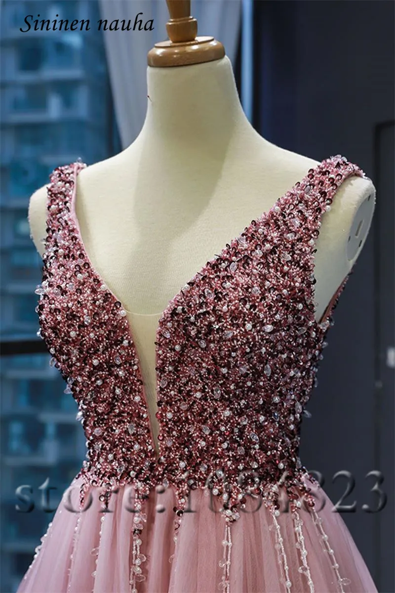 

Pink Long Evening Prom Dresses for Formal Weddings Gowns Beaded A Line Tulle Plus Size Vestidos De Festa Robe De Soiree 377