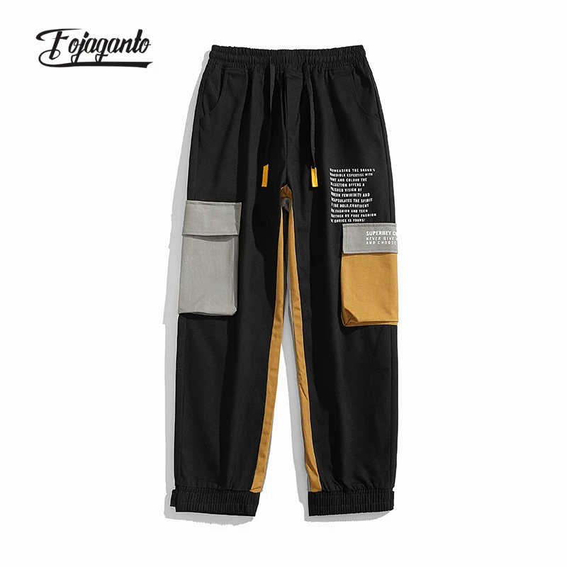 

FOJAGANTO Men's New Color Matching Trousers Loose Casual Drawstring Cargo Pants Hip-Hop Street Trend Multi-Pocket Pants Male
