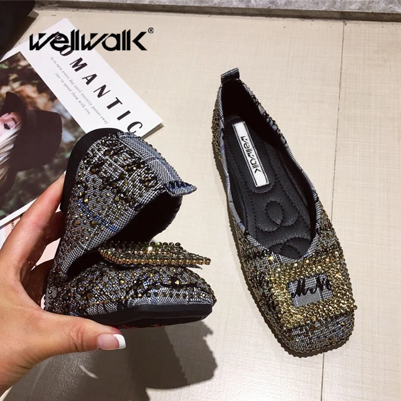 Обувь из джинсовой ткани на плоской подошве со стразами Женские балетки Удобные