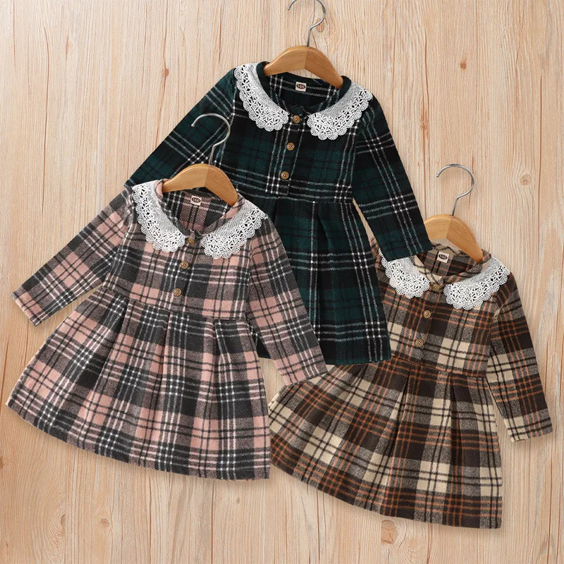 2022 new spring long-sleeved lattice lace collar children's dress 0-6 years old baby western-style | Детская одежда и обувь