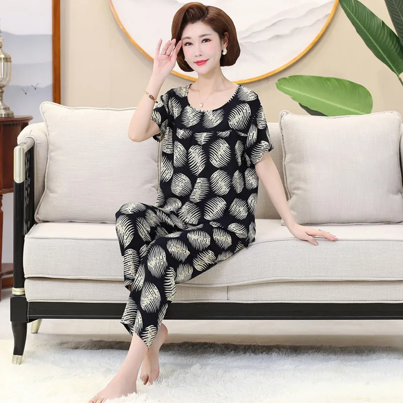 Summer Pyjamas Women Middle Aged Elderly Cotton Plus Size Ladies Pajamas Suit Short Sleeved Nine Point Pant Mother Home Clothes