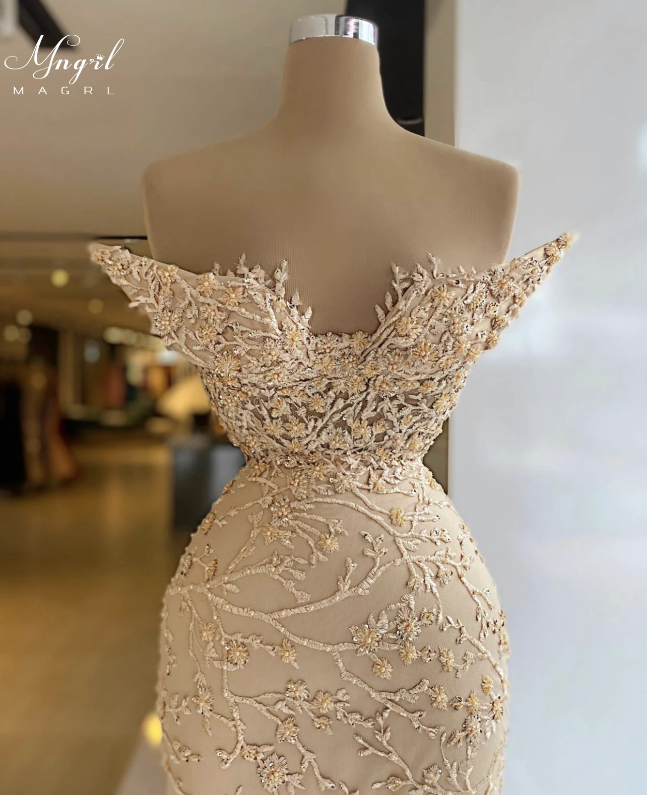 

MNGRL Luxury Evening Dress One-shoulder Long Sleeves Hand-applied Diamonds Glittering 2021 New Evening Dress Party Dress