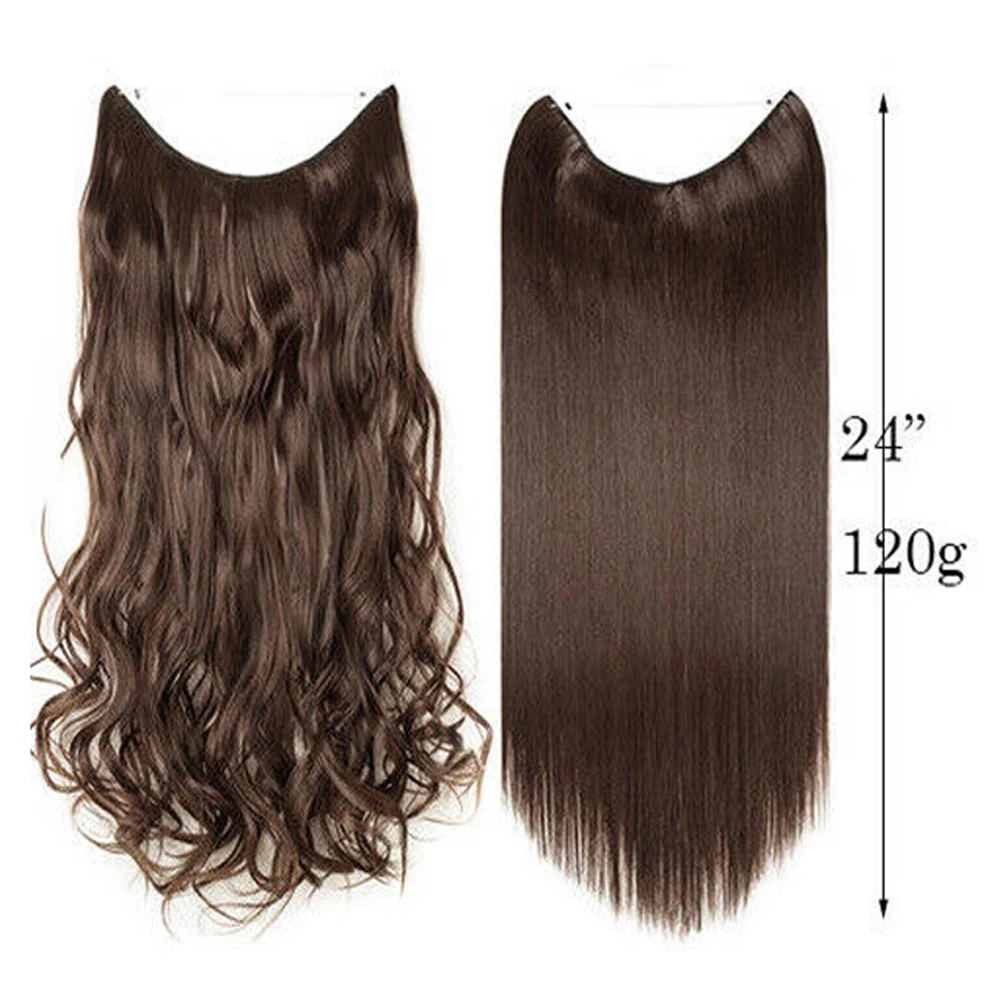 

24" Women Invisible Wire No Clips in Hair Extensions Secret Fish Line Extensions Long Straight Wavy Synthetic Hairpiece