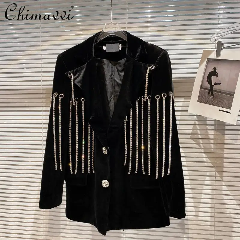 

2021 Winter New Fashion Design Vertical Bar Diamond Chain Gold Velvet Mid-Length Blazer Loose Long Sleeve Elegant Business Suit