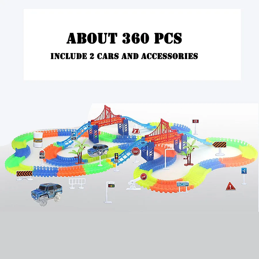 360pcs with 2 cars Волшебный трек, светящийся Железнодорожный автомобиль, сделай сам, гибкий изгиб, магический трек, дорожный набор, флэш-светильник, железнодорожный автомобиль, сборные игрушки, подарки для детей - Цвет: 360pcs with 2 cars