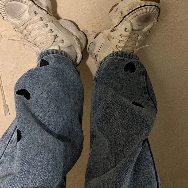 

KOSAHIKI Heart Embroidery Loose Plus Size Women Trousers Casual Harajuku Straight Pant High Waist Vintage Hip-hop Pantalones