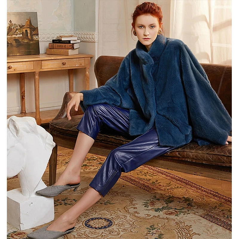 FURSARCAR New 2021 Natural Mink Fur Coats Women Winter Luxury Blue Color Outwear Flared Sleeves Whole Skin Real Fur Mink Jacket