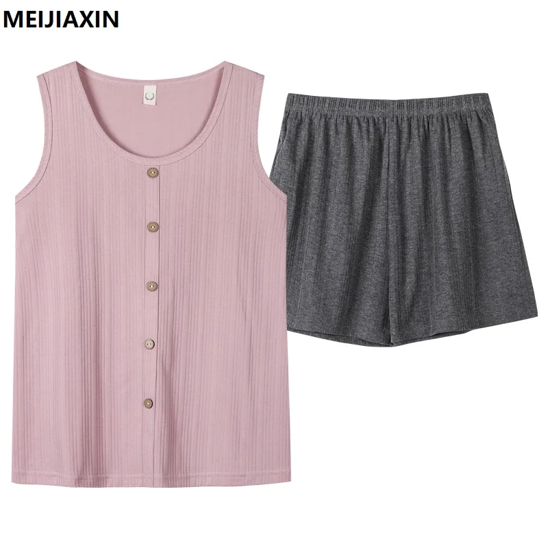 

Summer Cotton Pajamas Set Girls Sweet Vest Nightwear Sleeveless Casual Soft 3XL Female Home Clothing