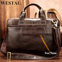 WESTAL Mens Genuine Leather Bag Office Mens Briefcase Business Mens Leather Bag Engraved Messenger Men Handbag For 14 Laptop