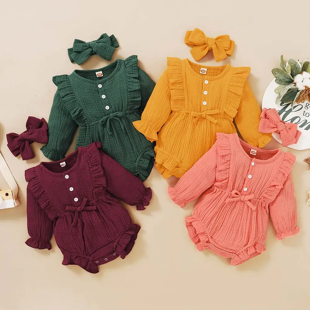 

Baby Girl Clothes Free Shipping Spring Outfits Long Sleeve Ruffles Romper Girls Bodysuits 2PCS Headband Set Baby Clothes Mikrdoo