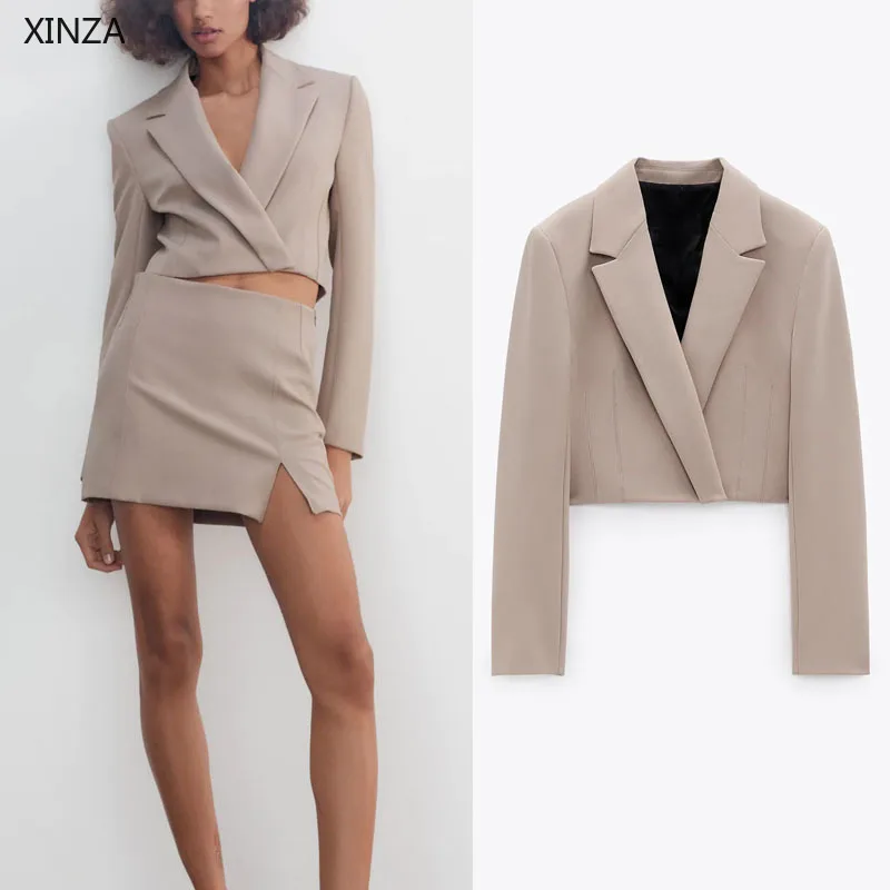 

2021 Za Women Shoulder Pads Cropped Blazer Long Sleeve Vintage Spring Coat Blazers Woman Chic Front Wrap Hidden Button Top