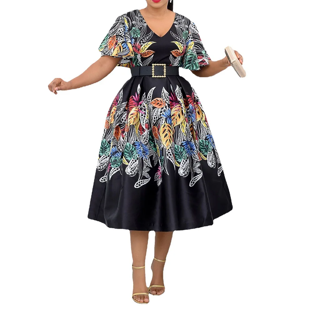 

2021 Trend Summer New Solid Color Printing African Oversize High Waist Temperament Women's Dress V-neck Summer Casual Fashion