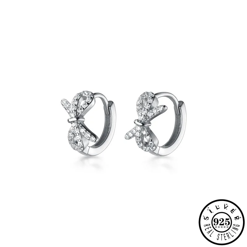 

925 Sterling Silver Zircon Bowknot Shape Small Hoop Earrings Rose Gold Color Round Circle Ear CZ Earings Jewelry for Women