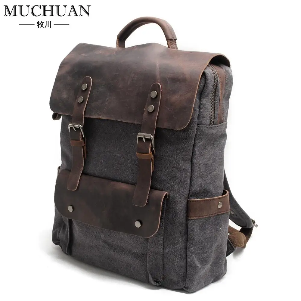 

Vintage Canvas Backpack neutral academic style schoolbag pure cotton canvas with first layer crazy horse leather schoolbag
