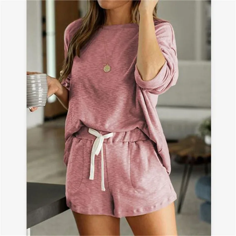 Korean Style Women Clothing Sets New Long Sleeves Tops Shorts Loose Female Home Clothes Costume Suits Pink Blue 2pcs Set | Женская