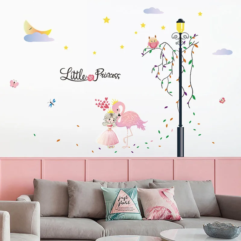 Маленькая принцесса фламинго под мультяшными рисунками Сова дерево фотообои для
