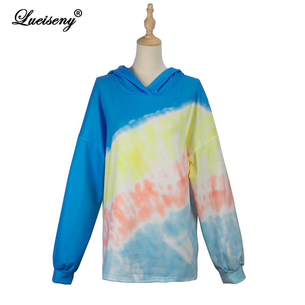 LUEISENY Women Sweetshirts Oversized Autumn Hoodies Tie Dye Gradient Color Drop Shoulder Pullover Fashion Homewear Plus Size