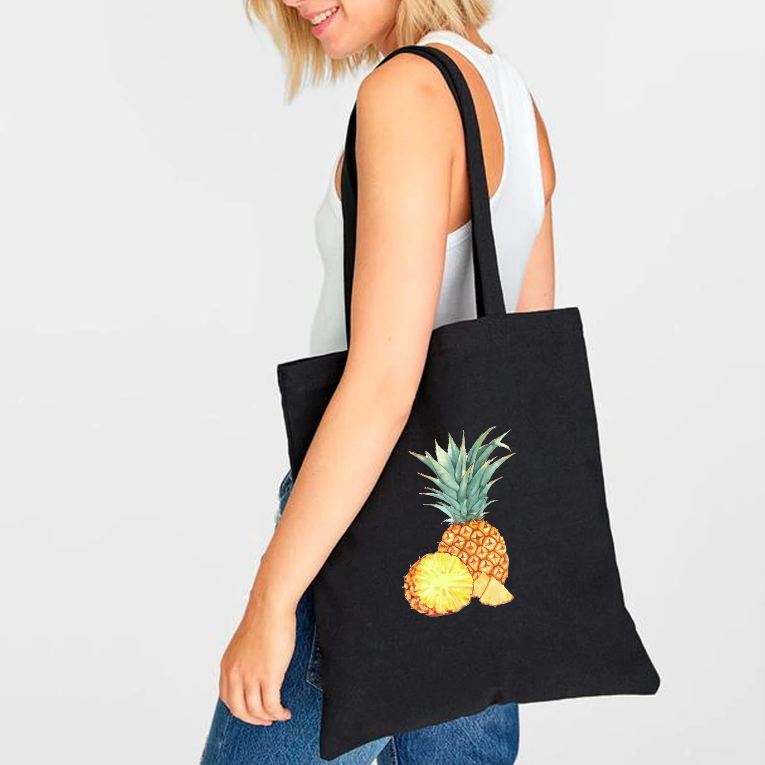 

Women Harajuku Canvas Shoulder Bag Pineapple Printing Female Large Capacity Tote Shopping Bag Lady Eco Beige Shopper Handbag