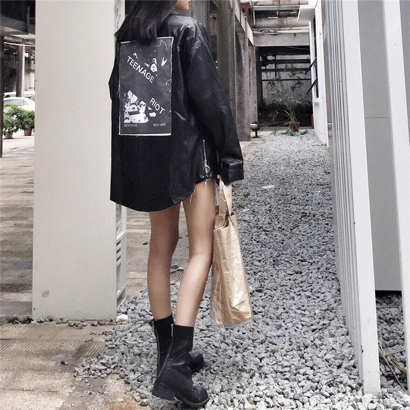 Весна 2019 черная Свободная рубашка из искусственной кожи Женский однобортный