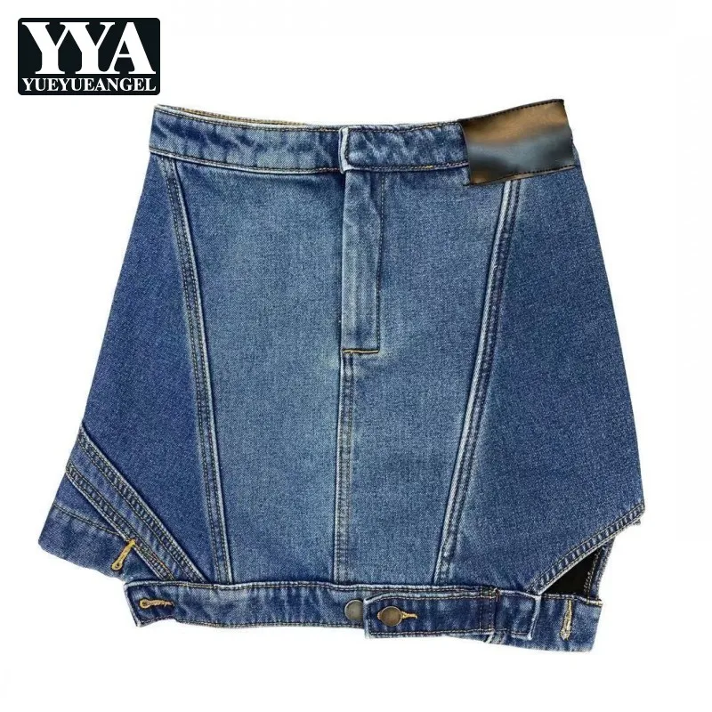 

Женская джинсовая юбка с разрезом сбоку, однотонная трапециевидная короткая юбка с запахом, с высокой талией, уличная одежда в Корейском ст...