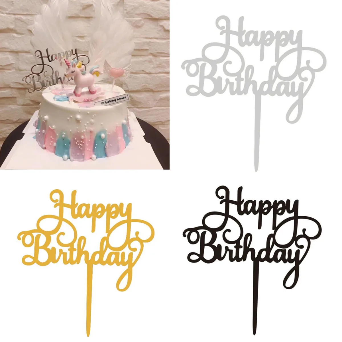 

Happy Birthday Acrylic Cake Topper Decor Silver Gold Black Party Decoration