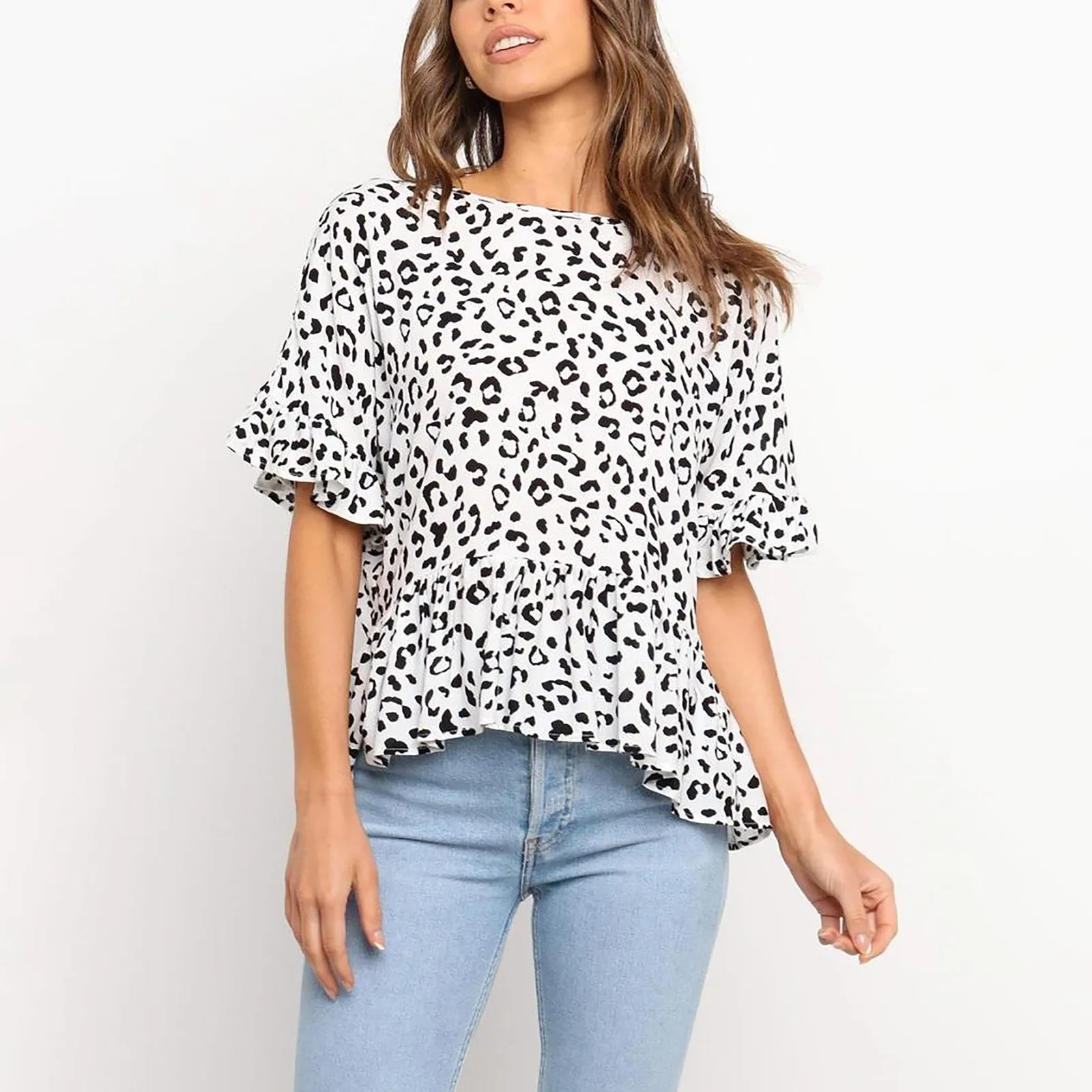 

Fashion Women's Leopard Print T-shirt Casual O-neck Ruffle Short Sleeve Blouse Top S-xl Summer Loose Women‘s Clothes 2021#fs