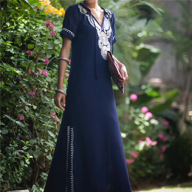 Женское Повседневное платье с коротким рукавом синее длинное v образным вырезом