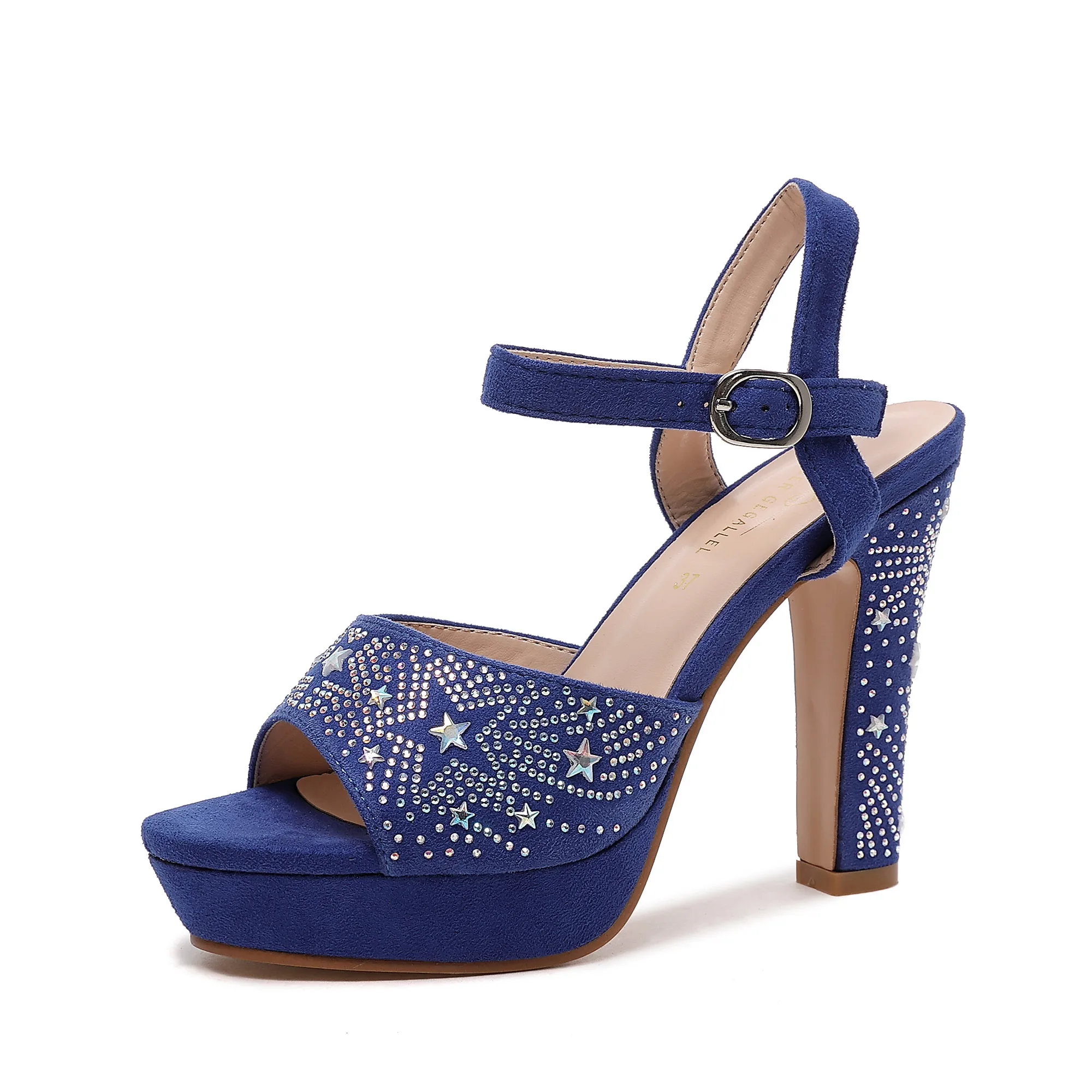 901-5 Black Brown Blue Rhinestone Plaform Sandals Chunky Heels Faux Sude Plus Size 41 42 Ladies Sandals High Heel Pumps Women