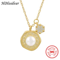 hihosilver gold color star moon round crystal real pearl 925 sterling silver pendant necklace for woman vintage jewelry hh21037