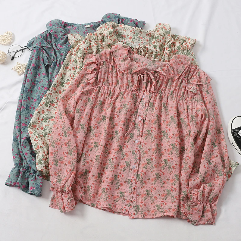 Блузка женская плиссированная с цветочным принтом милая Повседневная рубашка