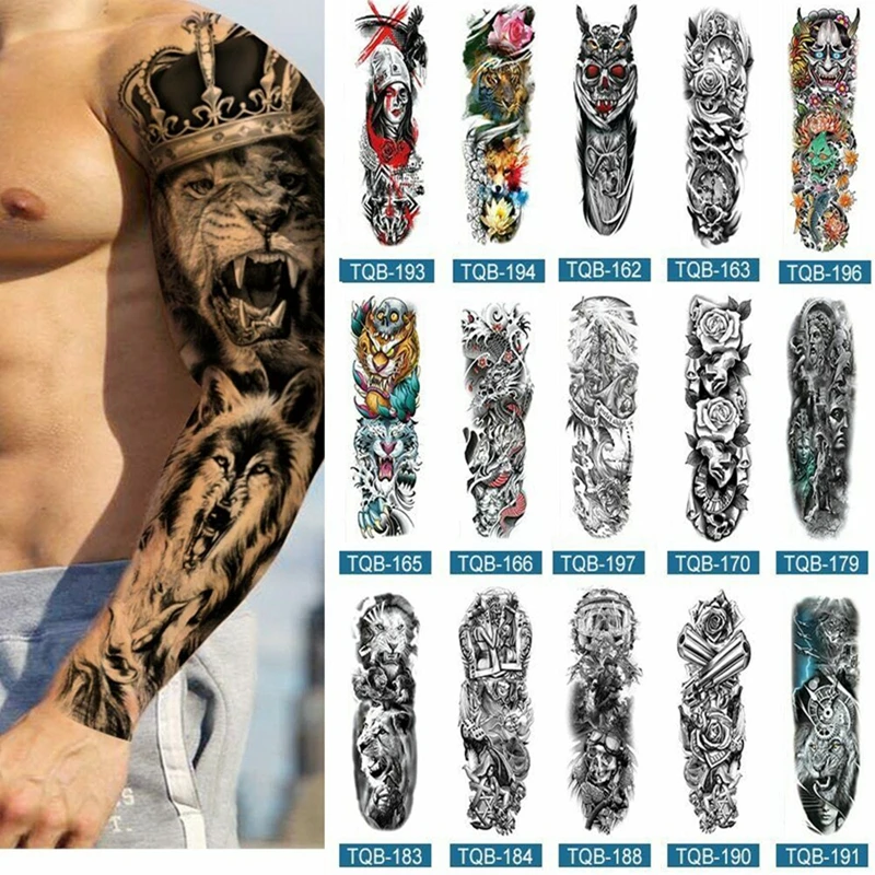 

Large Arm Sleeve Tattoo Clocks Rose Eye Lion Waterproof Temporary Tattoo Sticker Flower Time Body Art Full Fake Tattoo Women Men