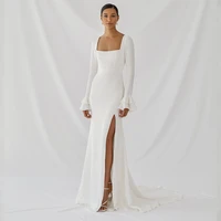 white side slit full sleeve square collar wedding dresses with jersey floor length sheath court train bridal gowns 2021 summer